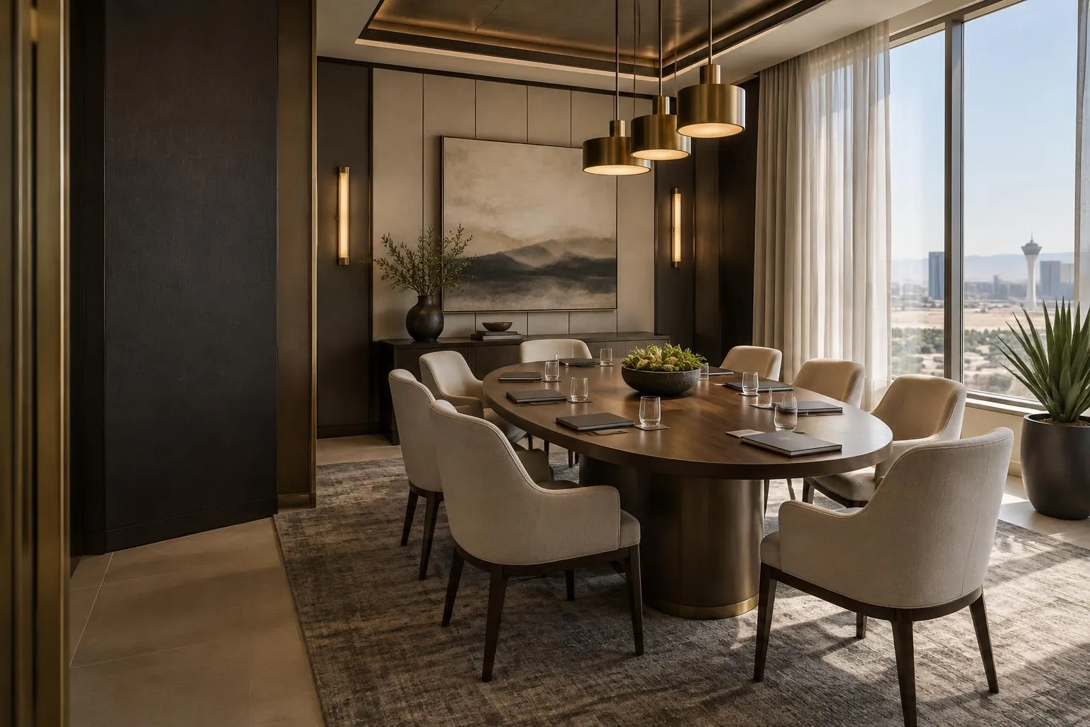 Generated illustration of a Las Vegas-inspired private executive boardroom with an intimate meeting table; not an actual or confirmed venue